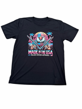 A black crew neck t-shirt with a graphic print of a bald eagle and text 'MADE IN THE USA' on the front.