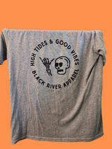 A gray t-shirt with 'High Tides & Good Vibes' and a skull and crossbones logo on the front.